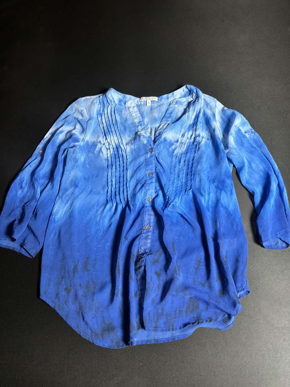 Chaus New York Blue Tie Dye Pleated Button Down Shirt Size M